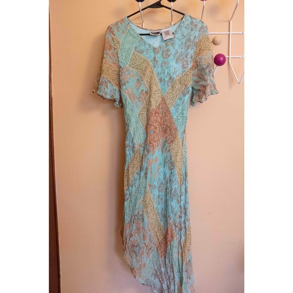 Vintage Phool Teal Boho Dress – Asymmetrical Hem & Slit Sleeves, Stretch Floral - Picture 6 of 6